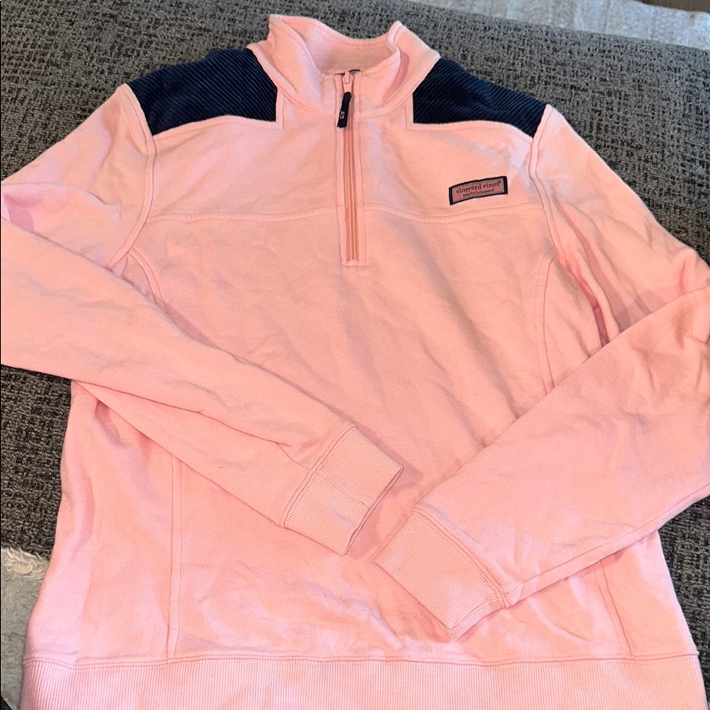 Pink Quarter-Zip Pullover with Navy Accents